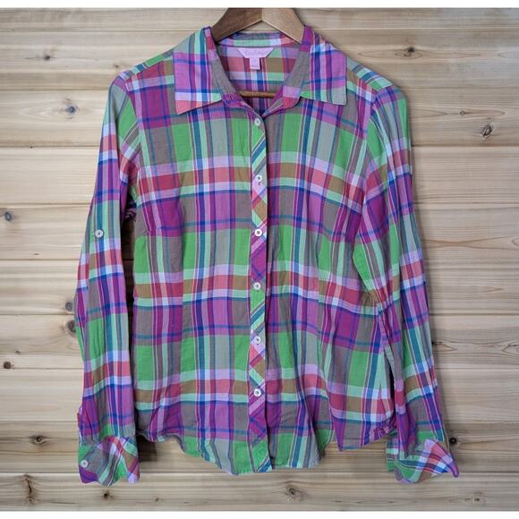 Lilly Pulitzer Top Womens 12 Multicolor Plaid Button Down Cotton - Picture 1 of 11